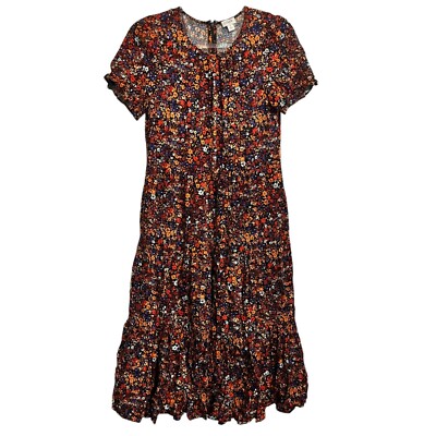 CREW FACTORY FLORAL MAXI DRESS SMALL RED ORANGE BLACK PUFF-SLEEVE TIERED  MIDI