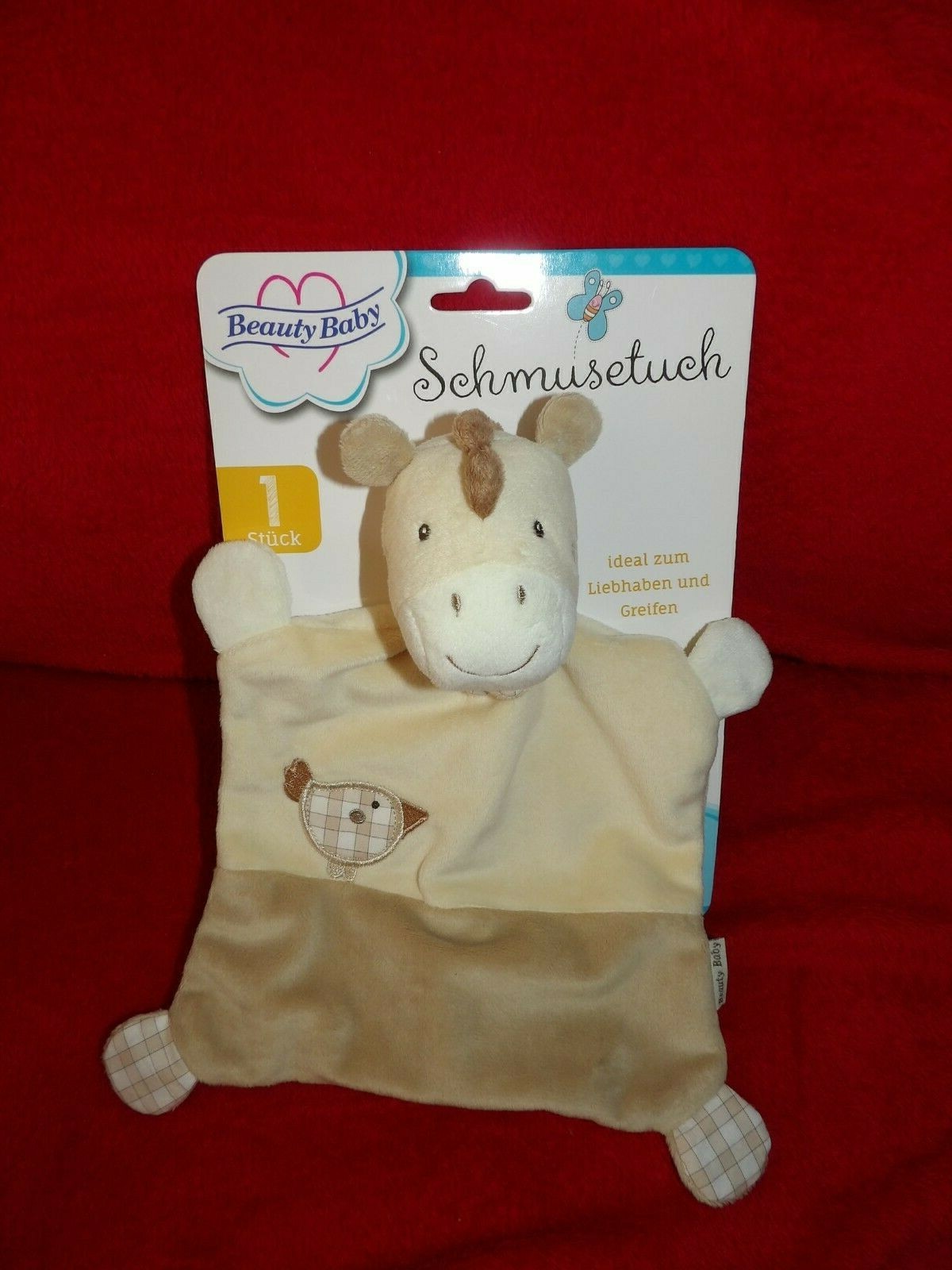 Doudou plat poney Beauty Baby beige écru avec grelot et broderie oiseau