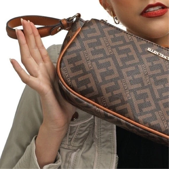 ELLEN TRACY коричневый подпись печать багет наплечная сумка с Ярлыками веганская кожа - Изображение 4 из 4