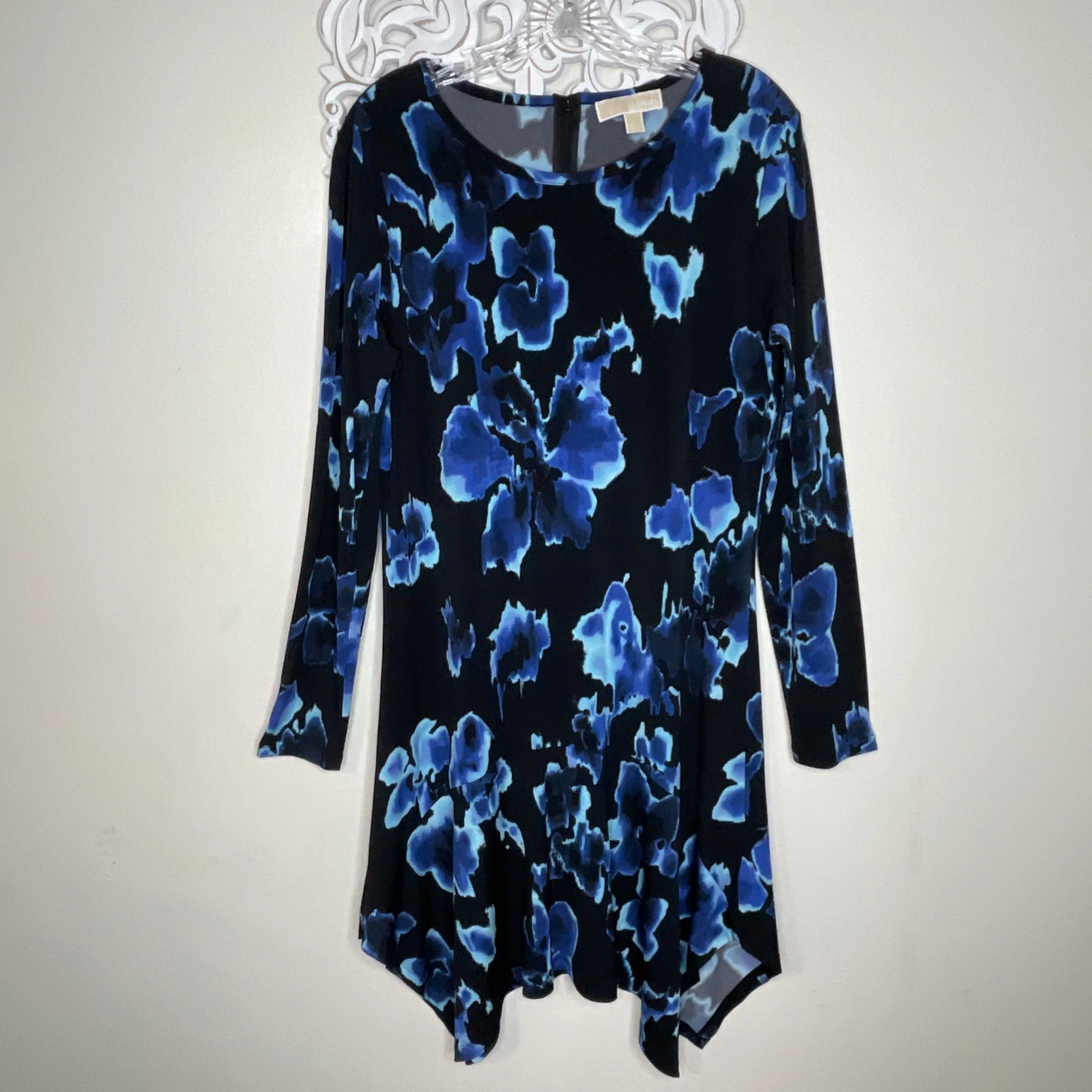 Abito MICHAEL KORS taglia GRANDE maniche lunghe orlo a fazzoletto NERO BLU floreale