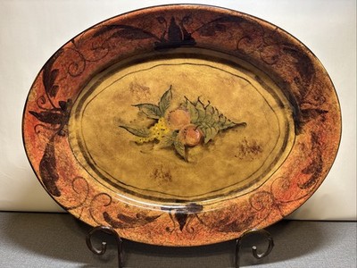 Large Italian Oval Platter Hand Painted Fruits & Leaves 16.5 In x 13 In Vintage