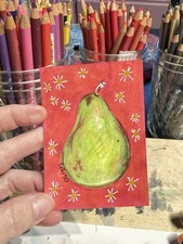 Eston Original Pear Drawing ACEO Signed 2026 OOAK Fruit salad apple bright fun