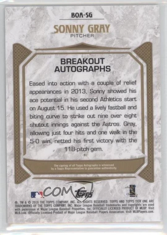 2016 Topps Tier One Breakout Auto Copper Ink /25 Sonny Gray #BOA-SG Auto - Image 2 of 2