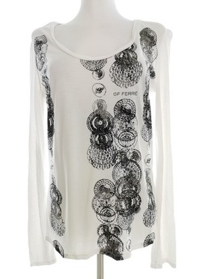 GF FERRE Damen Bluse Gr. L Creme Viskose 100% Langer Ärmel Logo U-Ausschnitt