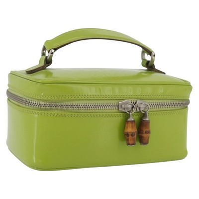 GUCCI Bamboo Vanity Pouch Patent leather Green Silver 032 1956 0151 Auth 173916