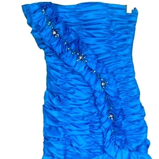 Vestido Jodi Kristopher Azul Sin Tirantes 5 Desfile Baile de graduación Acanalado Recoger Brillo Foto 3 de 4