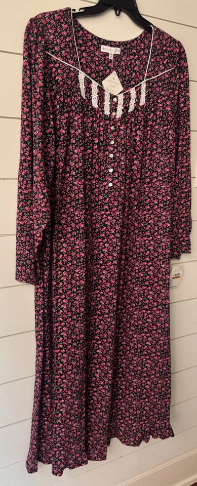 Camisón Eileen West Negro Rojo Rosa Floral TEJIDO DE ALGODÓN Largo Slv Ballet 3X NUEVO Foto 3 de 4
