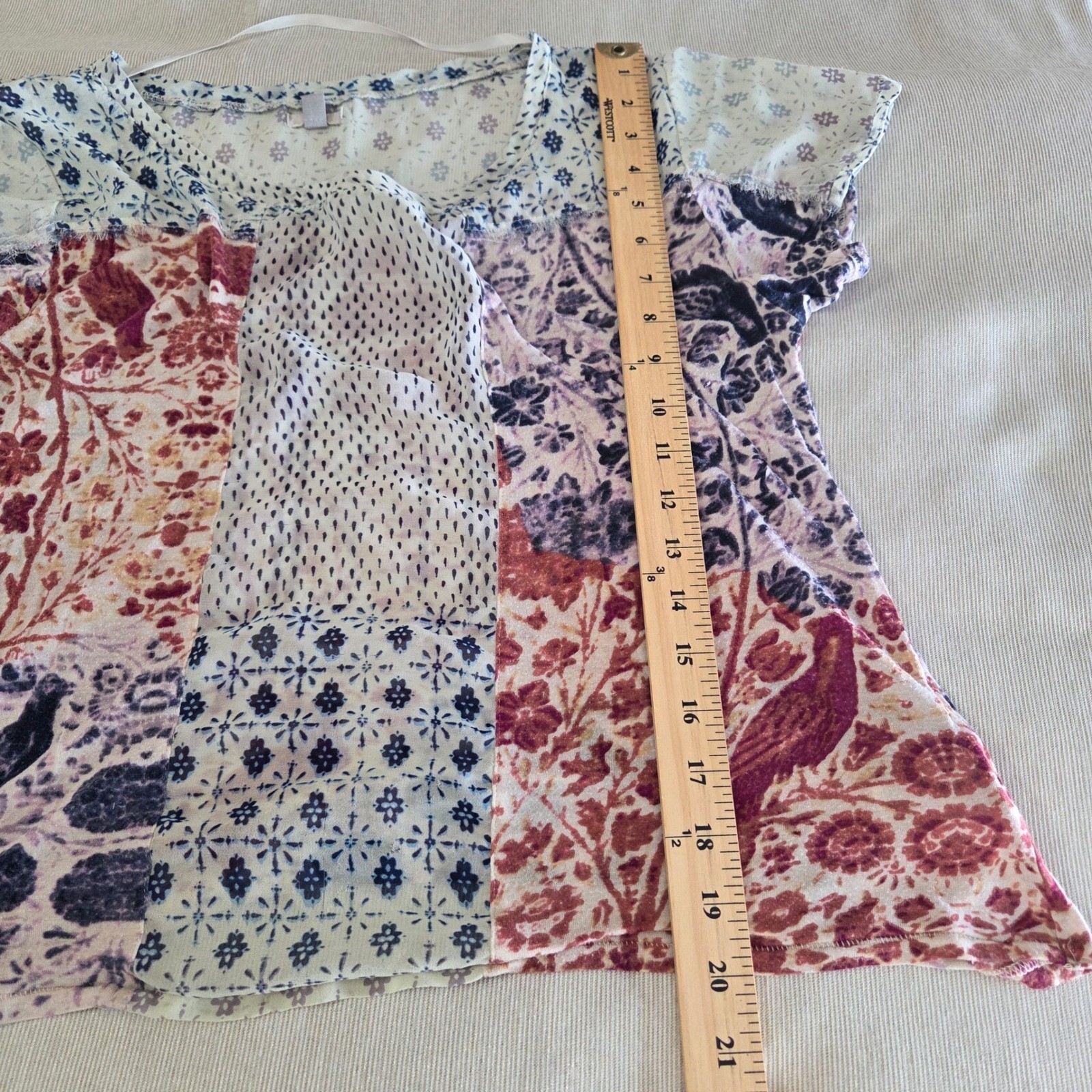 Ecote Top Small Gray Sheer Patchwork Bird Floral … - image 8