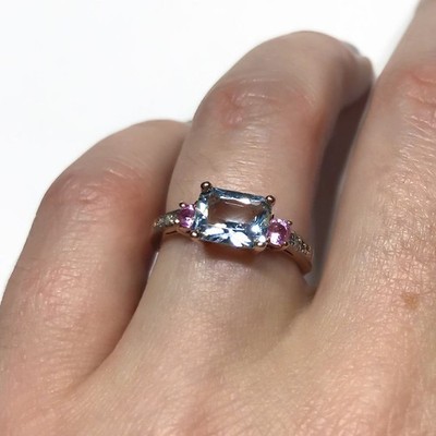 Massiver 14k Rotgoldring 1,5 ctw natürlicher Aquamarin, rosa Saphir & Diamant