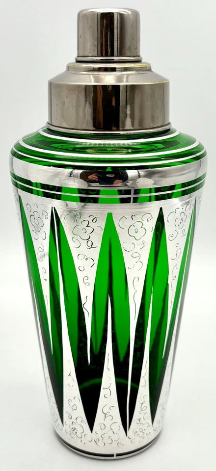 Mid-century Italian Green Glass Cocktail Shaker with Fine Silver Overlay C. 1950 - Image 3 of 4
