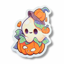Spooky Halloween Vinyl Sticker ZZ137 : Cute Ghost Sitting in Pumpkin, 2 in.