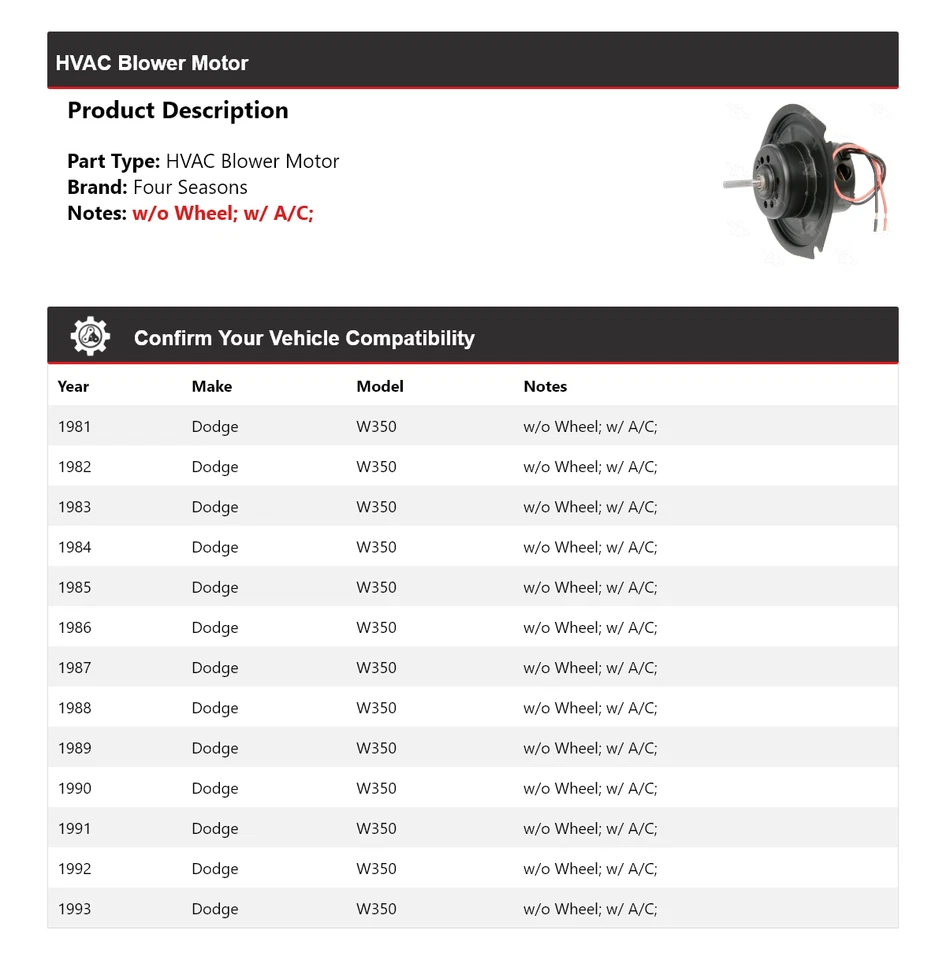 Para Dodge W350 1981-1993 motor soplador de climatización 4 estaciones 1982 1983 1984 1985 1986 Foto 2 de 4