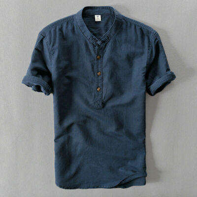 T-shirt Homme Col Henley En Lin-coton – Manches Courtes, Coupe Slim, Vintage