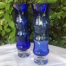 Mid-Century Scandinavian Teal Glass Torpedo Bud Vase with Controlled Bubble Base