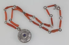 Antique Coral Beads Natural Undyed with Turkman Sterling Pendant Necklace 