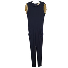 Michael Kors Stretch Navy Blue Metallic Gold Pantsuit Jumpsuit Pockets Medium