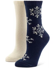HUE Womens Boot Socks 2 Pair Navy Snowflake & Solid Ivory $18 - NWT