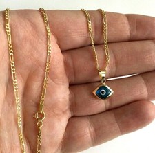 14K Solid Gold Blue Evil Eye Pendant Necklace-12mm Eye- 20" Figaro Chain - 2.3gr