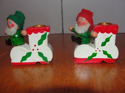 Vintage Lot Pair 2 Wooden Christmas Elves Elf Candle Holders Candlesticks Ebay
