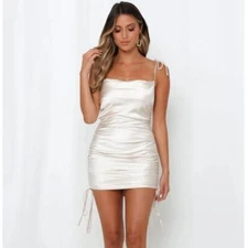 Hello Molly Get Outta Here satin ruched cowl neck light gold mini dress XS