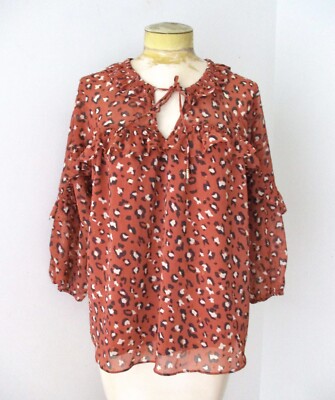 NWT dark coral brown leopard chiffon boxy ruffle peasant blouse top tiny beads M