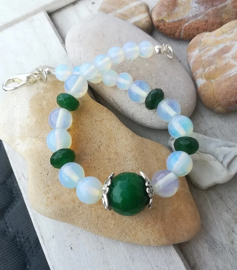 BRACCIALE DONNA PIETRA DI LUNA E GIADA VERDE CON SMERALDO NATURALE E ARGENTO 925 - Immagine 4 di 4