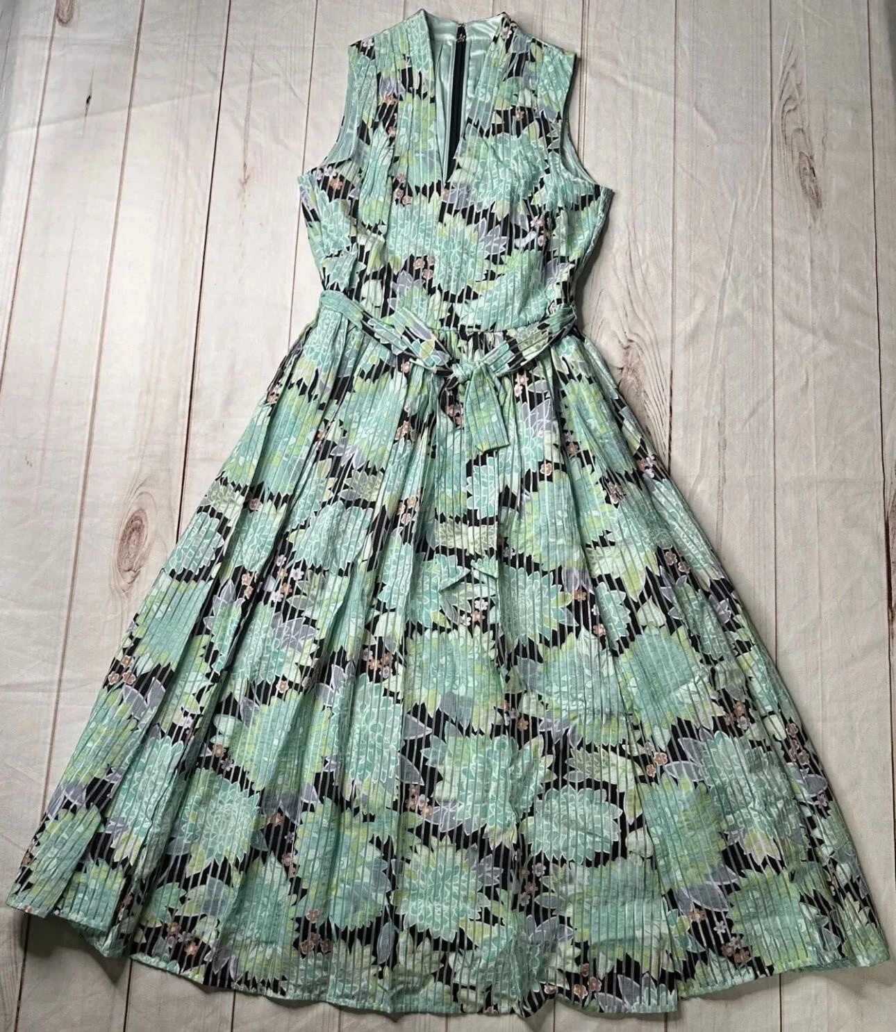 Abito donna Kate Spade verde 4 fiori dalia burnout senza maniche scollo a V con cintura