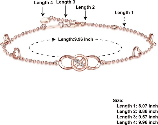 Alternate view of Rose Gold Plated Sterling Silver Infinity Heart Charm Knot Anklet Adjustable 10"