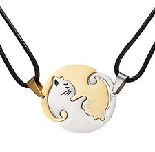 SS Silver Gold Tone Couples Cat Necklace Set of Two