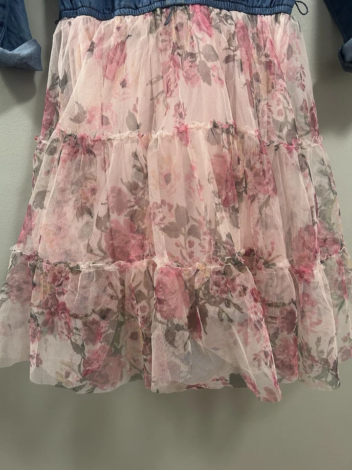 Pink And Violet Girls Denim Dress With Tulle Tutu Size 10 Back To School Dress - Image 3 of 4