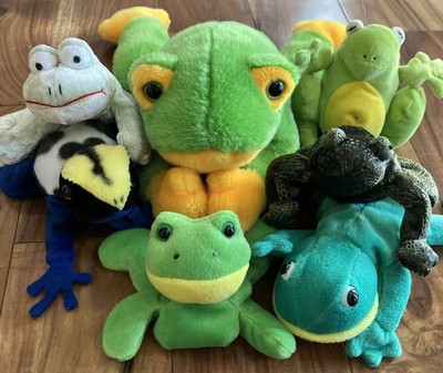 Lot of 7 Beanbag Plush Frogs & Toads Stuffed Animal Toys Kids Collection Green