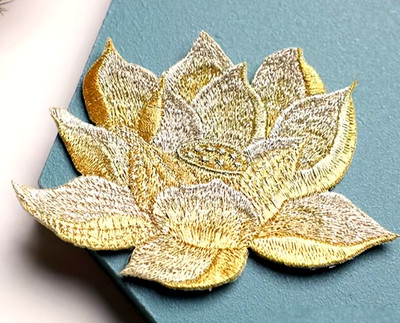 Gold Lotus Flower iron on patch applique 3+3/4 x 2+5/8 inch FREE SHIPPING
