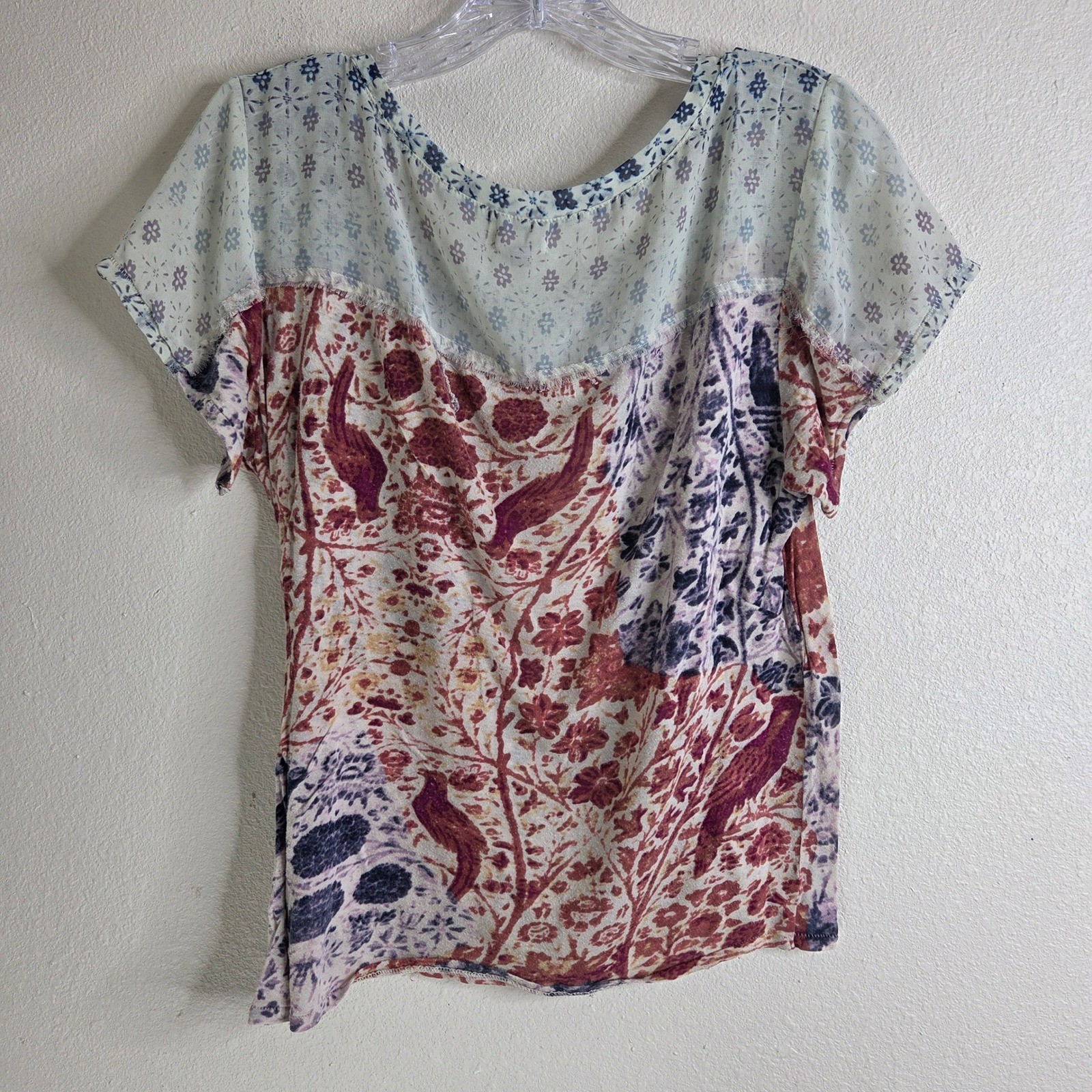 Ecote Top Small Gray Sheer Patchwork Bird Floral … - image 4