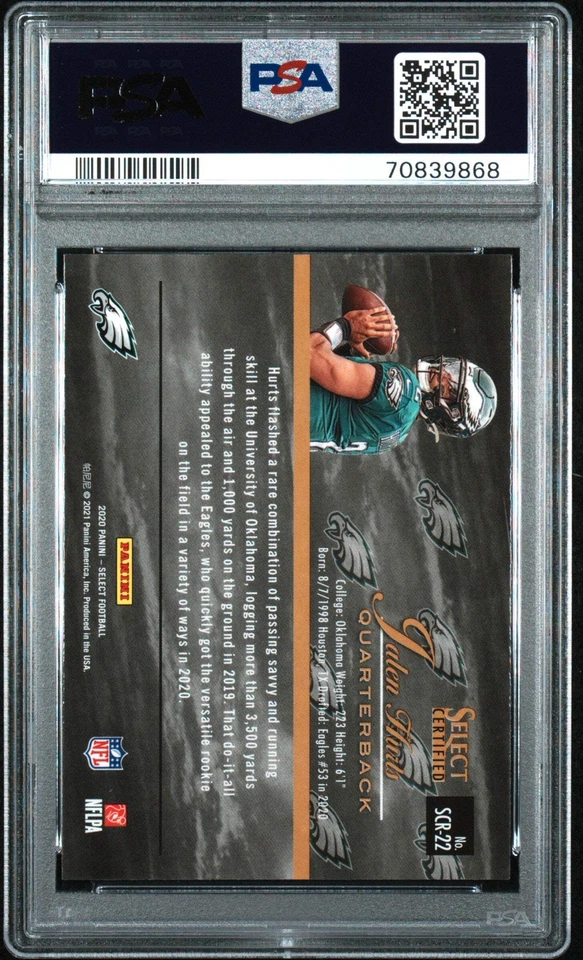 Graded 2020 Select Jalen Hurts #SCR20 Certified Rookies RC Football Card PSA 10 - Image 2 of 2