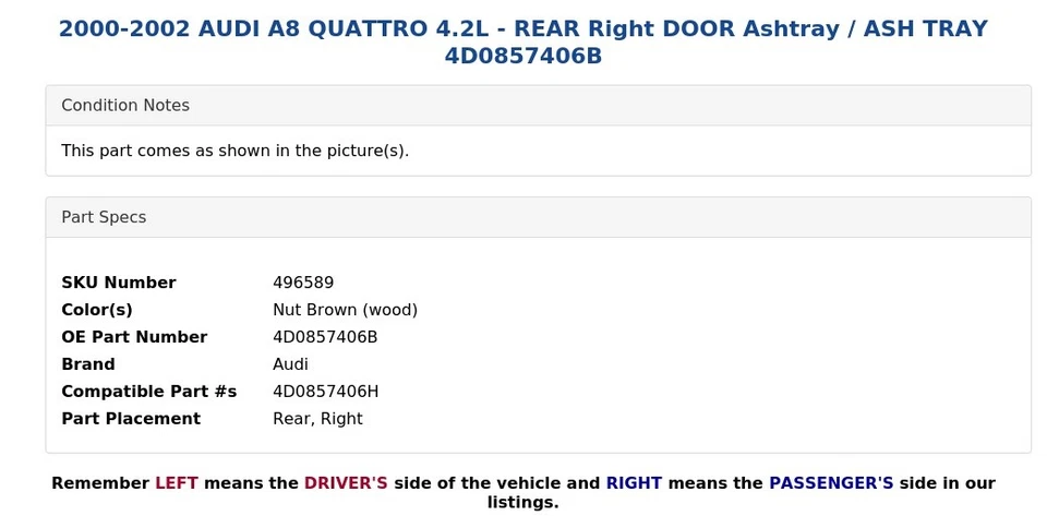 AUDI A8 QUATTRO 2000-2002 4,2 L - Cenicero puerta derecha trasero / bandeja ceniza 4D0857406B Foto 4 de 4