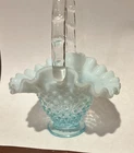 Vintage Fenton Blue Opalescent Hobnail Basket Bamboo Handle 6" Tall