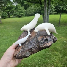 John Perry Manatee Family On Burl Wood Art Sculpture Nautical Ocean Beach