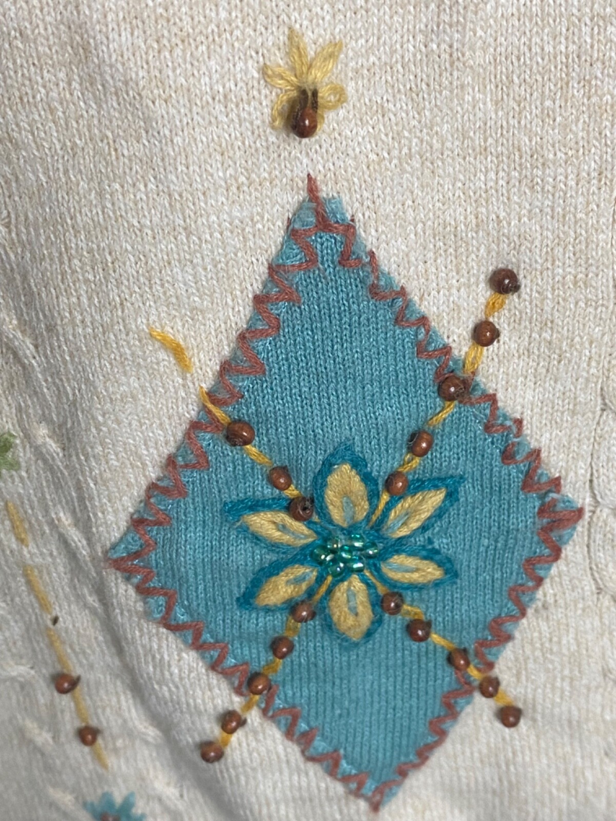 Alfred Dunner Ivory High Neck Cotton Sweater with Beads Applique Size XL Vintage image 5