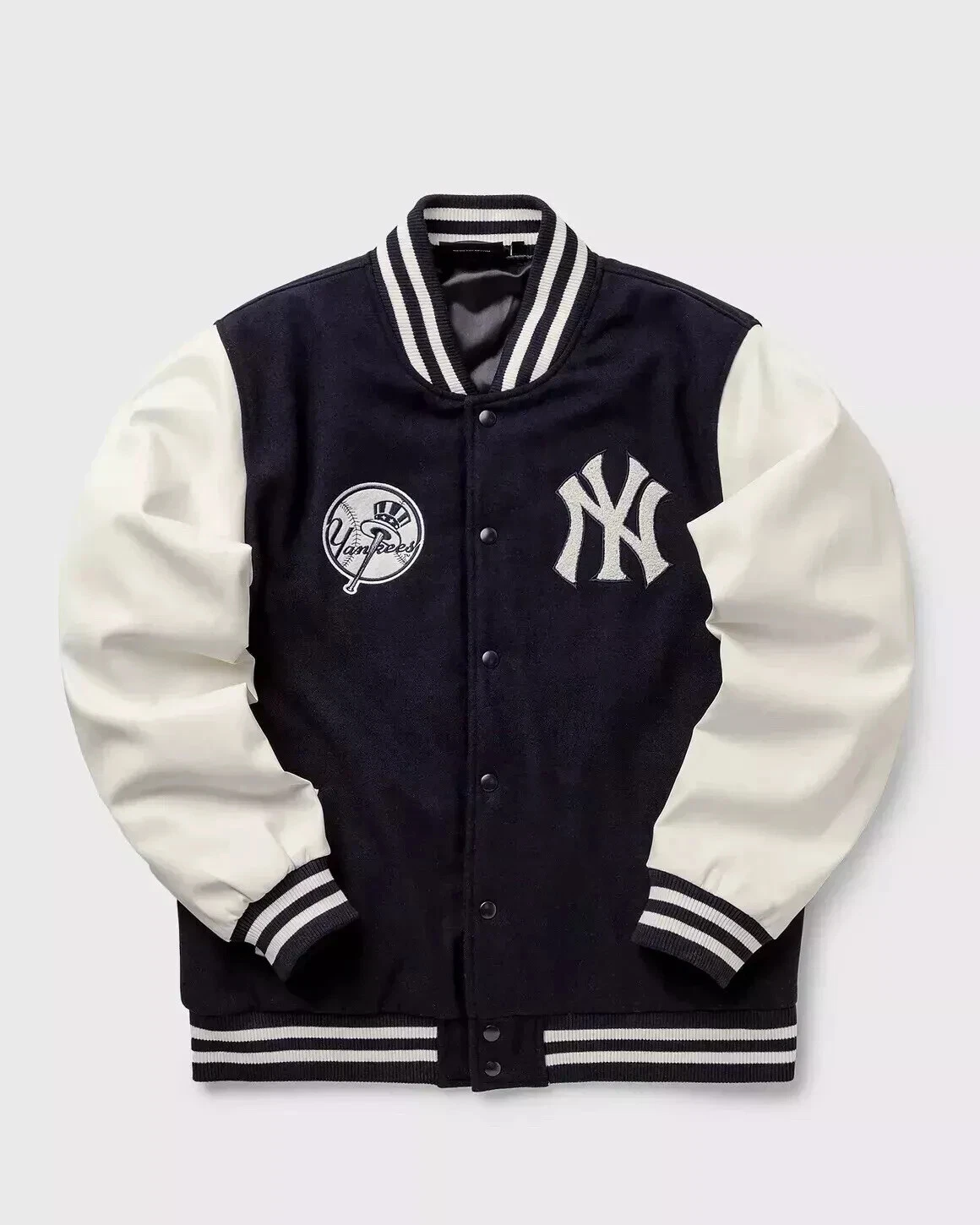 NY Yankees Black Wool and White Leather Sleeves Letterman Varsity Jacket Men
