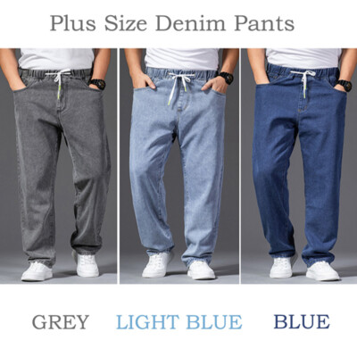 Plus Size Men Loose Oversized Denim Pants Elastic Waist Work