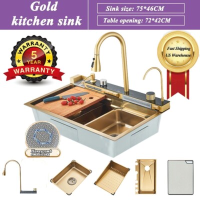 Gold Kitchen Sink Home Deluxe Smart Stainless Steel W/Pull Out Facuet&LED Screen
