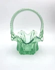FENTON- 7.5" GREEN GLASS VULCAN BASKET w/ TWISTED HANDLE- HEX BASE