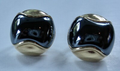 MOVADO 18K YELLOW GOLD HEMATITE BUTTON EARRINGS