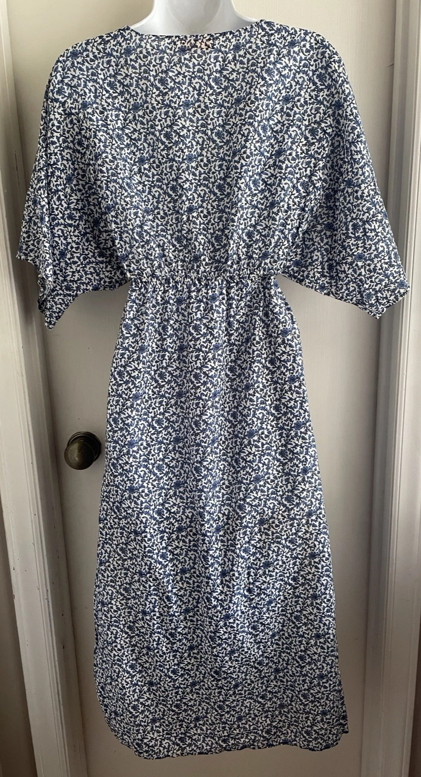 Abito copricostume Tory Burch misto seta scollo a V floreale blu manica kimono XS *difetto