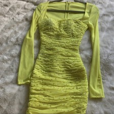 House of CB 'Valentina'Chartreuse Sleeved Ruched Dress Size S - Rhinestoned