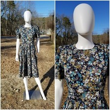 Vintage Does 40s Karin Stevens Rayon Floral Midi fit flare Deess size 6 W24-26" 