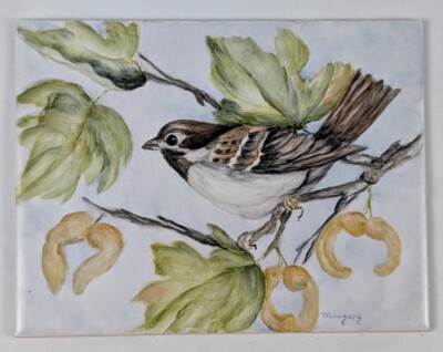 Hand Painted Rectangular Tile Bird on Flowering Branch Design, Signed by Artist