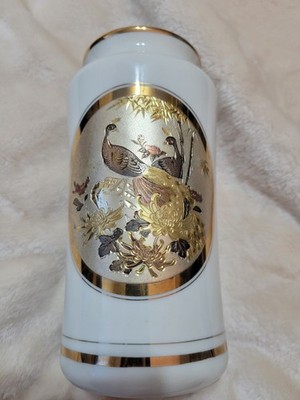 Japan Art Chokin 24K Gold Edged White Porcelain Flowers Peacock 6 '' Vase