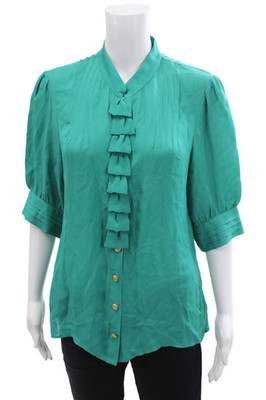 Walter Womens Silk Pleated Detail Ruffled Short Sleeve Blouse Green Size 10
