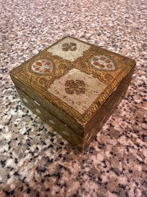 Vintage, Florentiner, Echtholz, quadratische Schmuckschatulle/Schmuckschatulle, Blattgold Design